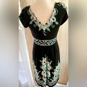 Studio One black & teal print, V- neck summer dress. Size 6
